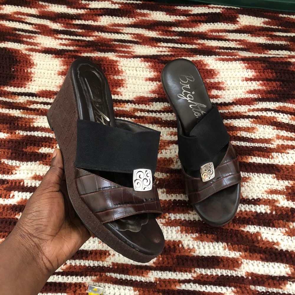 Brighton Black Brown leather silver accents high heel wedges mules sandals pumps